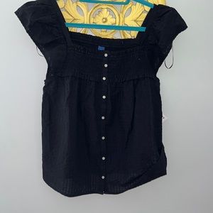 Flutter-Sleeve Smocked Seersucker Swing Blouse Sz L